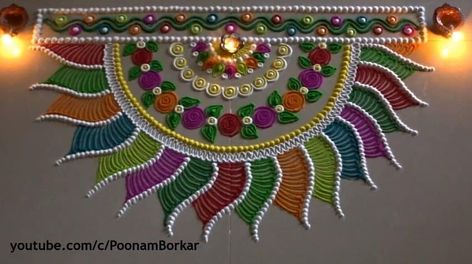 Diwali special multicoloured semi-circle rangoli design - Simple Craft Ideas Semicircle Rangoli, Semicircle Rangoli Designs, Semi Circle Rangoli Designs, Circle Rangoli, Simple Craft Ideas, Rangoli Designs Latest, Rangoli Border, Rangoli Borders, Diwali Special