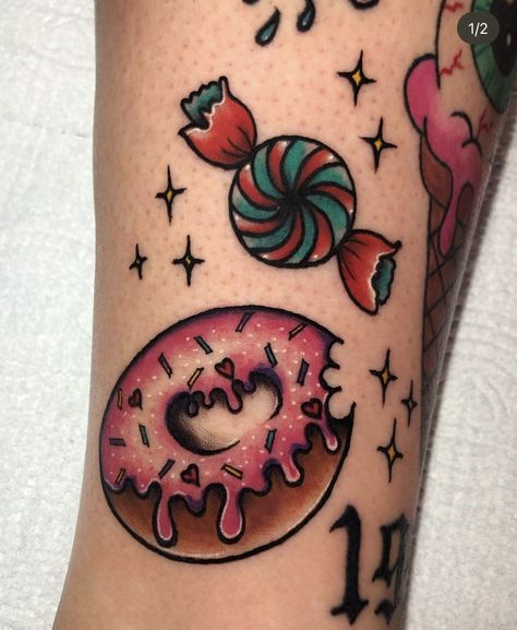 Kyrie Tattoo, Candy Tattoo Ideas, Dessert Tattoo, Sugar Tattoo, Donut Tattoo, Filler Tattoos, Candy Tattoo, Simpsons Tattoo, Brain Tattoo