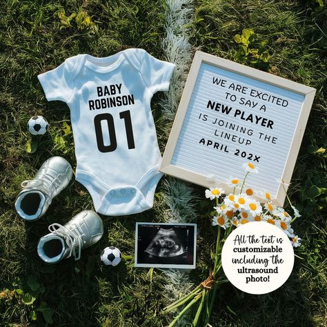 EDITABLE Soccer/Football Pregnancy Announcement Digital, Baby announcement, Pregnancy Reveal, Customizable Announcement, Download, 0231 Baby Boy Soccer, Football Pregnancy Announcement, Excited Baby, Digital Baby Announcement, Soccer Baby, Gender Reveal Party Theme, Funny Pregnancy Announcement, Baby News, Announcement Pregnancy