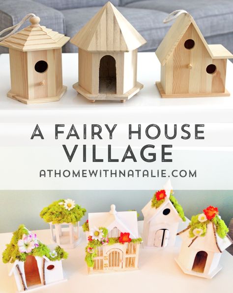 Last year we threw a Fairy Birthday Party for the girls’ 4th and 6th birthday. I created a fun little fairy village for the dessert table and now it is set up in their bedroom! I just realized I never Diy Wooden Fairy House, Make Your Own Fairy House, Diy Mini Village, Fairy House Bird House, Fairy Garden Table Decor, Wooden Fairy Houses, Diy Fairy House, Fairy Diy, Craft Furniture