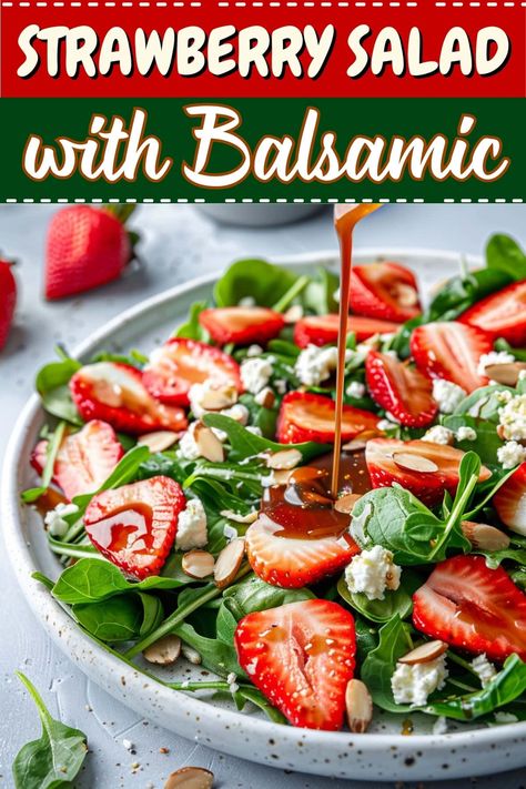 This strawberry salad with balsamic is a burst of freshness! You'll love the mix of juicy berries, spinach, creamy goat cheese, and mixed greens. Strawberry Salad With Balsamic Dressing, Strawberry Spinach Salad With Balsamic, Easy Strawberry Salad, Balsamic Glaze Recipes, Strawberry Spinach Salad, Salad With Balsamic Dressing, Creamy Goat Cheese, Strawberry Balsamic, Strawberry Spinach