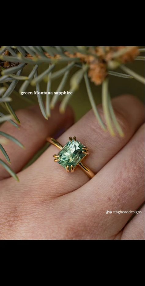 Whiskey Barrel Wedding Ring, Bride Stuff, Antler Wedding Rings, Montana Sapphire Engagement Ring, Green Montana, Handcrafted Engagement Ring, Wood Wedding Ring, 14k Yellow Gold Engagement Ring, Staghead Designs