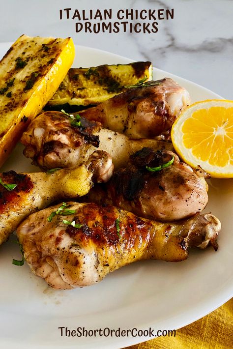 An easy and quick lemon and garlic marinade adds a ton of flavor to the chicken. This can be grilled or baked for perfectly tender and full-flavor drumsticks. Works on thighs, breasts, legs, wings, and whole chickens. #theshortordercook #easychickenrecipes #chickendrumsticks #chickenlegs #chickenthighs #chickenmarinade #italianchicken #quickchickenrecipes #bestchickenrecipe #grilledchicken #lemonchicke #lemongarlic #chickendinner #bakedchicken #chickenbreast #wholechicken #roastedchicken Basil Marinade, Quick Chicken Marinade, Grilled Drumsticks, Chicken Drumsticks Recipe, Drumsticks Recipe, Baked Chicken Drumsticks, Recipe Italian, Quick Chicken Recipes, Drumstick Recipes