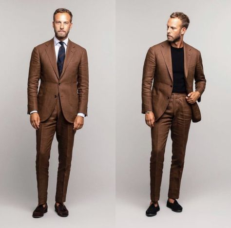 Brown Linen Suit, Brown Suit Wedding, Wedding Guest Suits, Tan Suit, Formal Men Outfit, Dress Suits For Men, Formal Mens Fashion, Brown Suits, Men Formal