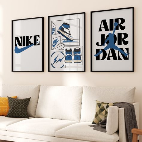 Hypebeast Sneaker Poster Set of 3 Hypebeast Wall Decor Blue Sneakerhead Decor Blue Sneaker Poster Nike Room Decor, 3 Set Paintings Wall Art, Nike Poster Design, Jordan 1 Poster, Sneakerhead Decor, Cmyk Color Palette, Nike Posters, Jordan Painting, Snoopy Drawing