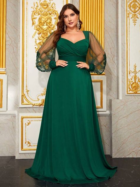 Giffniseti Plus Sweetheart Neck Mesh Panel Ruched Formal Dress | SHEIN USA Off Shoulder Bridesmaid Dress, Diamond Collar, A Line Maxi Dress, Cocktail Dress Formal, Plus Size Gowns, Plus Size Prom, Maxi Dress Wedding, Bridesmaid Gown, Mesh Long Sleeve