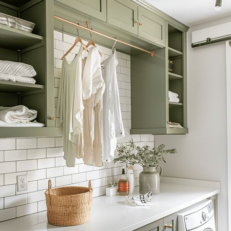 Classic Traditional Laundry Room Inspiration Laundry Room Design With Cabinets, Sophisticated Laundry Room, Sage Green Laundry Room Cabinets, Laundry Room Sage Green, Green Laundry Room Cabinets, Green Laundry Room Ideas, Sage Green Laundry Room, Classic Laundry Room, Green Laundry Room