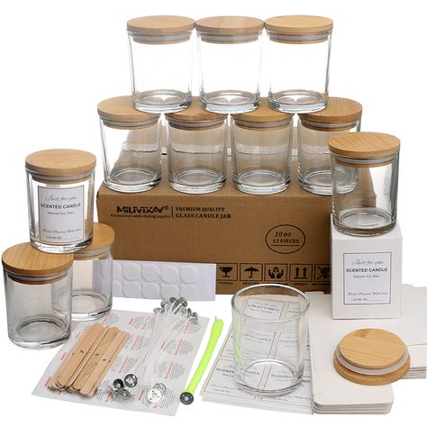 PRICES MAY VARY. ▶️ Buy it and you will get: 12 pcs clear glass jars with airtight bamboo lids, 20pcs 6inch candle wicks, 20pcs candle wick stickers, 20pcs wick holders, 12pcs candle warning labels, 12pcs candle boxes, 1pc candle wick placing tubes, 12pcs personalized scented candle labels providing a great individualized area to write the fragrance you emplaced and your name. making your candle making process more convenient and easier. a great value buy! ▶️ Large Capacity & Easy Clean:10 OZ gl Candle Making Jars, Candle Making Kits, Glass Candle Jars, Empty Candle Jars, Empty Candle, Jars With Lids, Making Candles, Wooden Wick Candles, Candle Making Kit