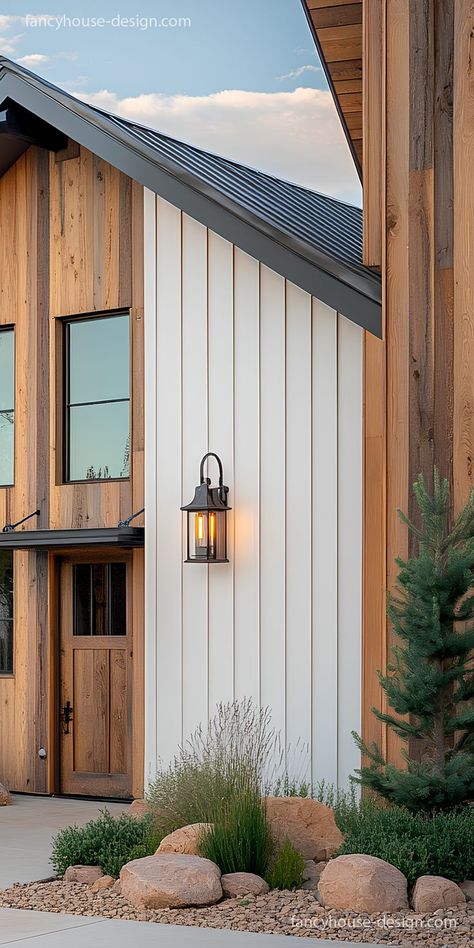 The polished farmhouse exterior combines creamy hues with reclaimed wood touches, bringing a refined yet cozy feel that blends nature with modern design elements. White Exterior House With Wood Accents, Modern Curtain Ideas, Airy Farmhouse, Interior Design Curtains, White Exterior Houses, Kitchen Entrance, Curtain Fabrics, Curtain Styles, Entrance Foyer