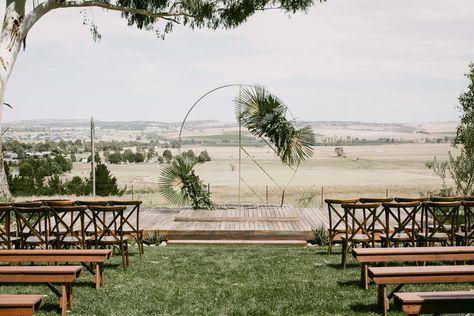 Outdoor ceremony at BoxGrove, "The Deck", overlooks rolling hills and the paddocks on the outskirts of Bathurst. Platform Wedding Ceremony, Wedding Alter Platform, Path To Wedding Ceremony, Paddock Wedding Ceremony, Ceremony Platform Wedding, Paddock Wedding, Ceremony Ground Arch, Rustic Arbor, The Deck