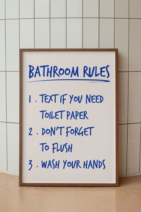 Bathroom Rules Print, Funny Blue Toilet Wall Decor, Digital Download, Typography Poster, Funny Bathroom Signs, College Apartment  Got a bathroom that needs some personality? Say no more—this "Bathroom Rules" print has got you covered! Whether you're in a college apartment or just want to add some pizzazz to your powder room, this funny typography poster is the perfect pick. And hey, it's downloadable, so you can slap it up ASAP and let the good times roll! Quirky Toilet Room Ideas, You Look Good Poster, Toilet Artwork Wall Decor, Toilet Prints, Toilet Wall Decor, Toilet Door Signs, Blue Toilet, Funny Toilet Signs, Toilet Poster