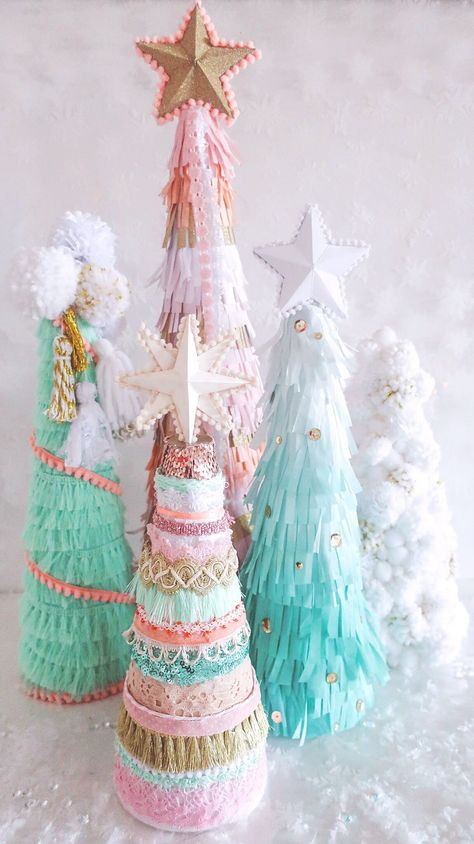 Diy Foam Tree Christmas Decor, Diy Pastel Christmas Decor, Pastel Candy Christmas Decor Diy, Kitschmas Diy, Pastel Holiday Decor, Pastel Gingerbread Christmas Decor Diy, Pastel Christmas Diy, Diy Cone Tree, Diy Pastel Christmas Decorations