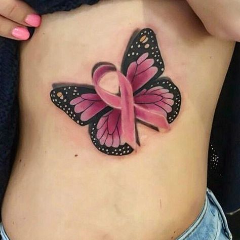 Pink Ribbon With Butterfly Tattoos, Purple And Pink Butterfly Tattoo, Cancerian Butterfly Tattoo, Colorful Heart Tattoos For Women, Pink Ribbon Butterfly Tattoo, Butterfly Ribbon Tattoo Design, Cross And Ribbon Tattoo, Tattoo Breastcancer, Butterfly Ribbon Tattoo