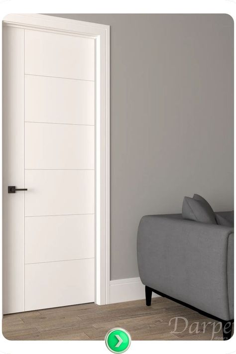 Sleek white door with horizontal lines offers a minimalist look that complements contemporary interiors. It adds a clean, fresh aesthetic to modern homes with understated elegance. Modern White Doors Interior, Door With Molding, Modern Wooden Interior, Interior Door Ideas, Modern Interior Doors, Scandinavian Room, Fresh Aesthetic, Wooden Interior, Doors Interior Modern