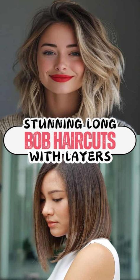 30 Fresh Long Bob Haircuts with Layers Medium Layered Haircuts Back View, Long Hair Bobs For Women, Collarbone Length Hair With Long Layers, Textured Long Bob Haircut, Feathered Long Bob, Layered Lob With Side Bangs, Angled Long Bob Haircuts, Shoulder Length Hair Haircuts, Long Bob Haircuts 2025