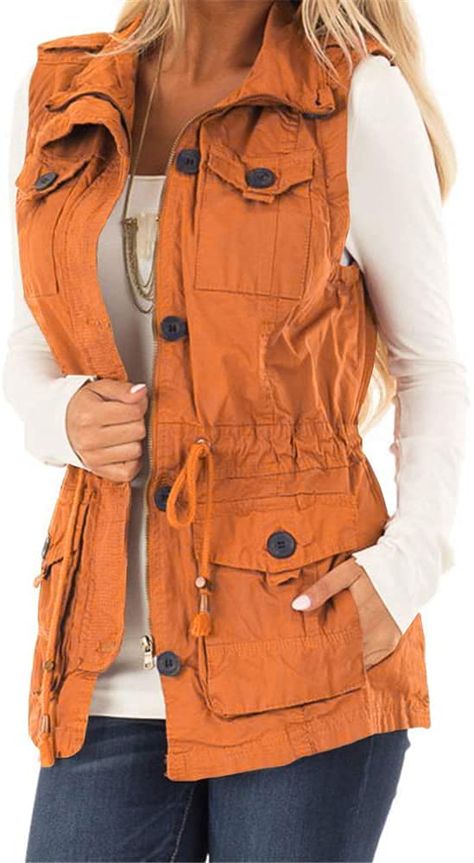 Military Vest, Drawstring Jacket, Cargo Vest, Zipper Vest, Utility Vest, Casual Vest, Vest Fashion, Khaki Color, Sleeveless Vest