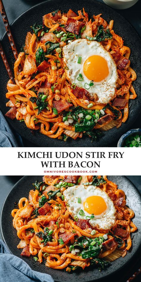 Super quick and easy bacon kimchi fried udon that uses less than ten ingredients to create a satisfying meal that’s loaded with flavor. The thick, chewy udon is stir fried with crispy bacon and tender kale and brought together with a spicy sauce. It’s a perfect one-pan meal for any time of day! Bacon Kimchi, Fried Udon, Udon Recipe, Easy Stir Fry Recipes, Cibo Asiatico, Kimchi Recipe, Easy Bacon, Spicy Sauce, Noodle Dishes