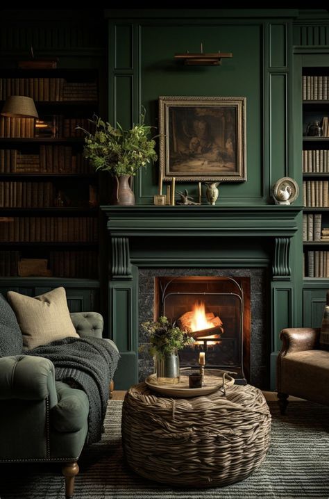 Moody Den With Fireplace, Dark And Cozy Living Room, Modern Victorian Fireplace, Moody Victorian Decor, Moody Fireplace, Victorian Fireplace Ideas, Moody Victorian, Fireplace Accent Walls, Black Mantle