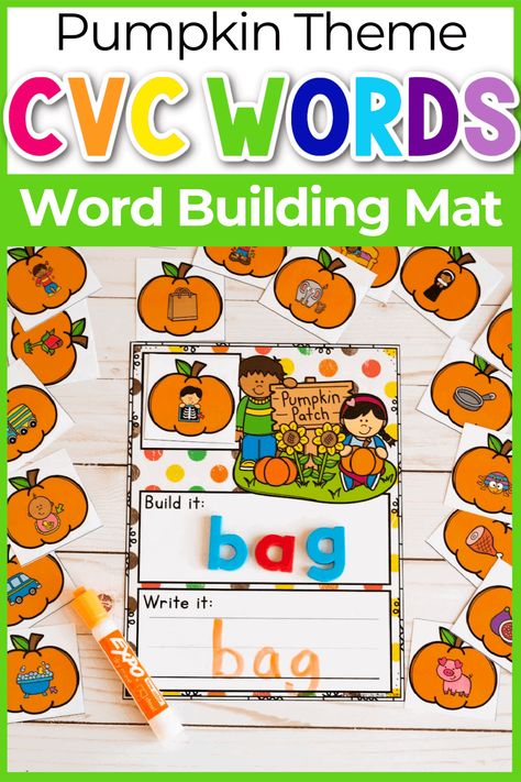 Pumpkin Theme CVC Word Building Mat Fall Literacy Centers, Kindergarten Spelling, Pumpkin Lessons, Pumpkins Kindergarten, Pumpkin Unit, Word Building Activities, Writing Cvc Words, Literacy Activities Kindergarten, Cvc Activities