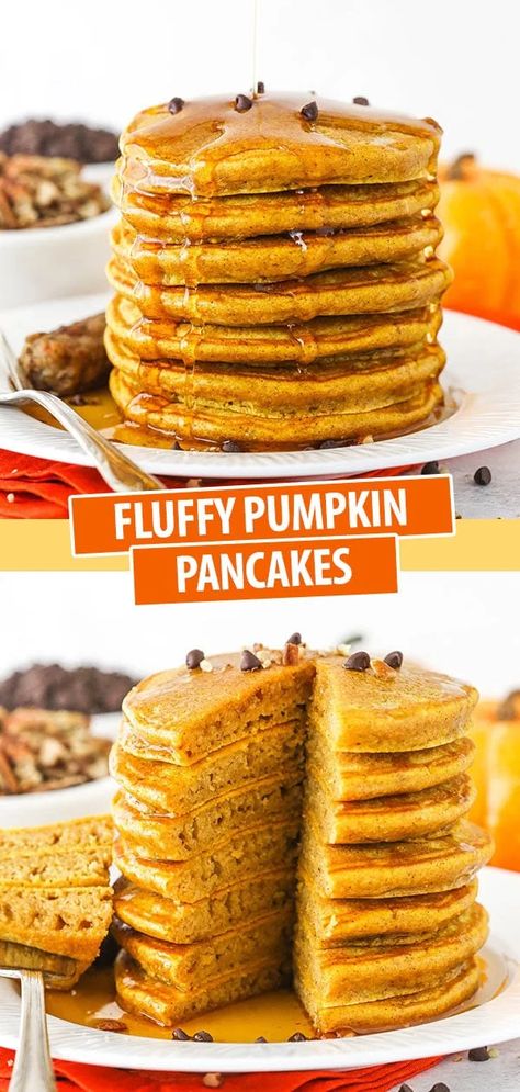 These soft and fluffy Pumpkin Pancakes are a comforting fall breakfast that your family is going to love! They're easy to make and full of pumpkin flavor. #pumpkinpancakes #pumpkinspicepancakes #pumpkinpancakesrecipe #homemadepancakes #pancakesfromscratch #pumpkinrecipe #pumpkinspicerecipe #bestpancakesrecipe #fallbreakfast Pancakes Sans Gluten, Pumpkin Pancakes Recipe, Fluffy Pumpkin Pancakes, Pumpkin Pancakes Easy, Pumpkin Spice Pancakes, Pumpkin Pancake Recipe, Pumpkin Pancakes, Fall Breakfast, Pancakes Easy