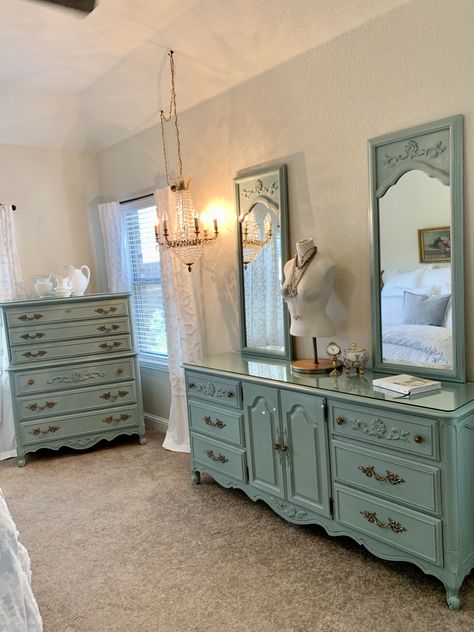 Vintage French Provincial Dresser & Highboy-Chest of Drawer Duck Egg Blue ~ Annie Sloan Chalk Paint. ReCherished Root’s Annie Sloan Chalk Paint Colors Duck Egg, Bedroom Duck Egg Blue, Annie Sloan Duck Egg Blue Furniture, Vintage Duck Egg Painted Furniture, Teal Bedroom Furniture, Brick Sunroom, Chalk Paint Chest Of Drawers, Duck Egg Blue Annie Sloan, Duck Egg Blue Bedroom