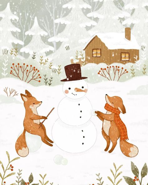 Fox Drawings, Japanese Kitsune, Winter Whimsy, Building A Snowman, Snow Illustration, Fun In The Snow, Animals Illustration, Illustration Christmas, Snowy Weather