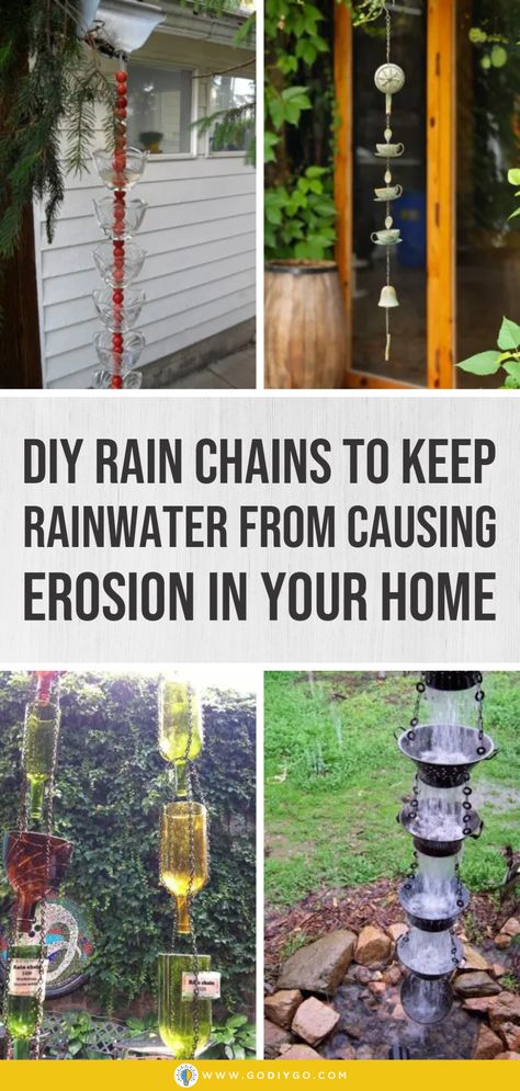 DIY Rain Chains to Keep Rainwater from Causing Erosion in Your Home - GODIYGO.COM Diy Rainchain Ideas, Wine Bottle Rain Chain Diy, Rain Catcher Diy, Diy Rain Chain Ideas, Rain Chains Diy, Diy Rain Chain How To Make, Rain Chains Ideas, Windchimes Diy How To Make, Wine Bottle Rain Chain