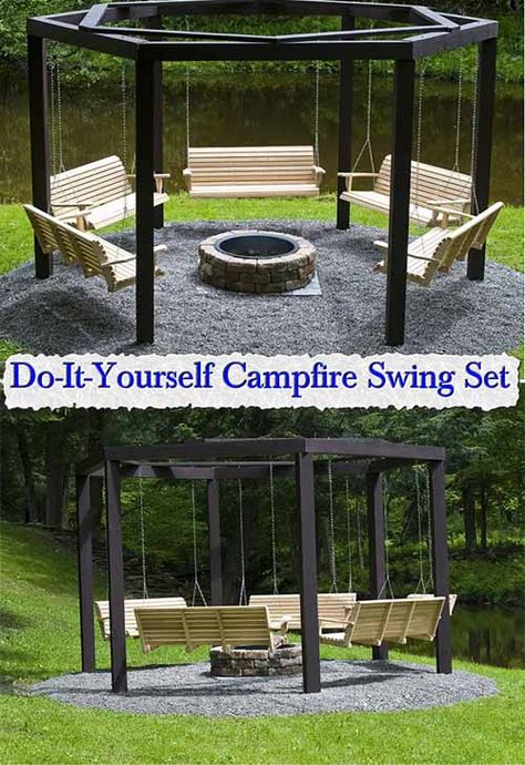 Do-It-Yourself Campfire Swing Set Fire Pit Swings, Backyard Swings, Fireplace Garden, Backyard Diy Projects, Backyard Fire, Outdoor Swing, Fire Pit Backyard, Backyard Makeover, Backyard Projects