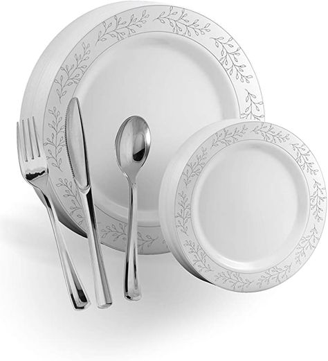 Exquisite 200 Pcs Heavyweight Disposable Plastic Plates and Cutlery Set Includes 40 Silver Leaf Trim Dinner Plates 40 Silver Dessert Plates and 40 Pcs of Glossy Silver Plastic Forks Knives and Spoons Plates And Cutlery, Gold Plastic Plates, White Plastic Plates, Plastic Party Plates, Gold Dessert, Disposable Plastic Plates, Plastic Silverware, Gold Dinnerware, Plastic Forks