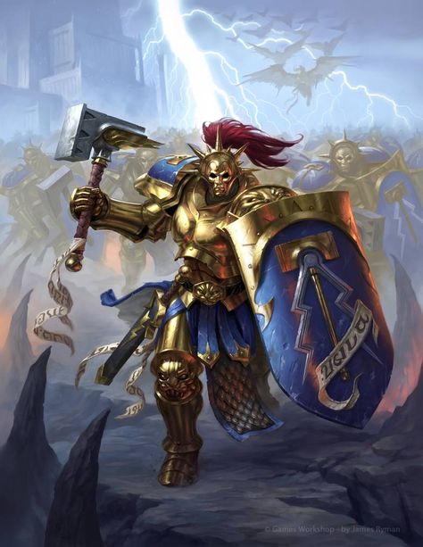 Eternals Poster, Golden Armour, Warhammer Fantasy Roleplay, Stormcast Eternals, Warhammer 40k Art, Fantasy Battle, Age Of Sigmar, Warhammer Art, 다크 판타지