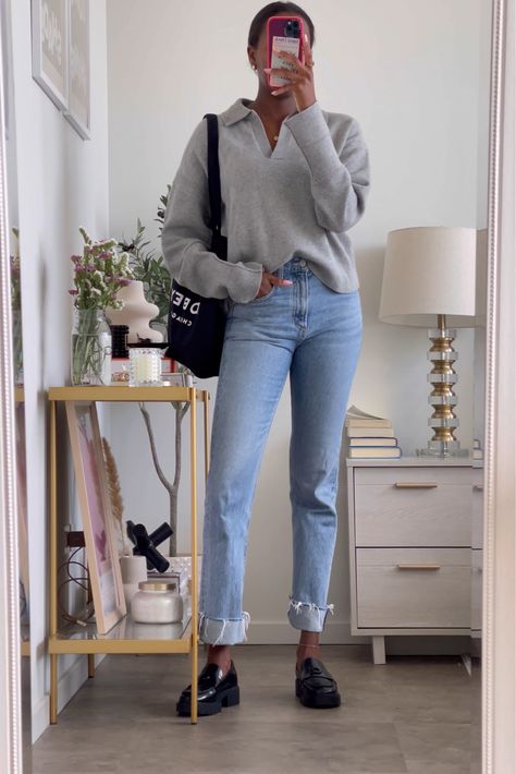 Block Heel Loafers Outfit, Heel Loafers Outfit, Jeans And Loafers Outfit, Loafers Outfit Summer, Block Heels Outfit, Black Loafers Outfit, Loafer Outfits, Jeans Heels Outfit, Loafers Outfit