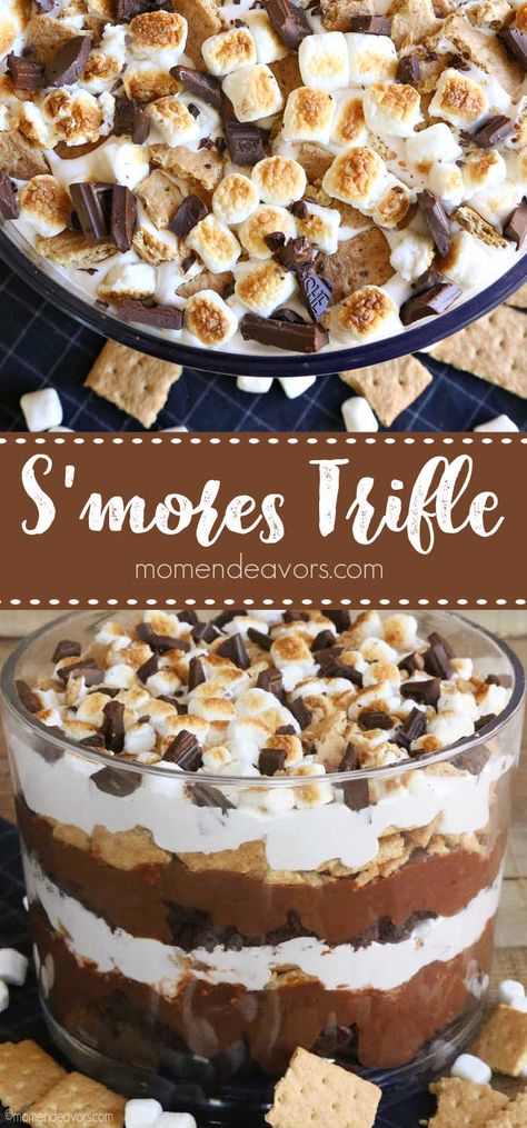 S’mores Trifle Dessert, Smore Trifle Desserts, Layered Fall Desserts, S’more Trifle, Triffle Desserts Brownie, Truffle Layer Dessert, Smores Trifle Recipe, Nut Free Desserts For A Crowd, Chocolate Cake Trifle Desserts