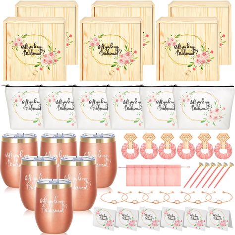 PRICES MAY VARY. Bridesmaid Proposal Gifts Set: you will get 6 wooden bridesmaid proposal box, 6 rose gold wine tumblers in 12 oz (with straws, lids, straw brush), 6 cosmetic bags, 6 pink bridesmaid scrunchies, 6 rose gold knotted bracelets, 6 pink diamond pens, 6 invitation stand cards, 6 packs of light pink raffia, and 6 pink velvet bags, ideal gifts for your wedding Size Information: the bridesmaid proposal box is about 7 x 7 x 4 inches, the cup is about 4.5 x 3 inches and 12 oz in capacity, Knotted Bracelets, 12 Oz Tumbler, Velvet Bags, Gold Wine, Bracelets Diamond, Wedding Bachelorette Party, Gifts Set, Diamond Pen, Bridemaids Gifts