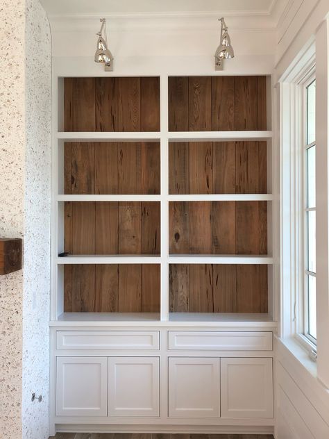 Bookshelf Paneling, White Built Ins With Wood Shelves, Built In Closet Living Room, Oak Built In Bookshelves, Wood Built Ins, Bedroom Window View, Built In Cabinets Living Room, Fall Office Decor, Dark Wood Bookcase