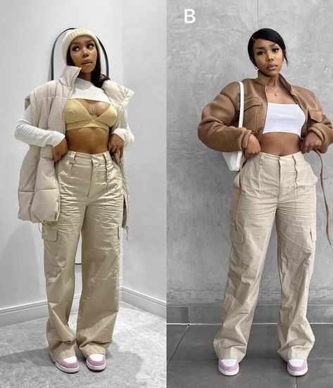 Choose with outfit you like black girl aesthetic edition Crop Tops And Cargo Pants, Cargo Pants Poses Women, Black White And Beige Outfit, Cargo Pants With Puffer Jacket, Beige Cargo Pants Outfit Black Women, Tan Jordan 1 Outfit Women, Tan Cropped Jacket Outfit, Beige Outfits Black Women, Cargo Pants And Puffer Jacket