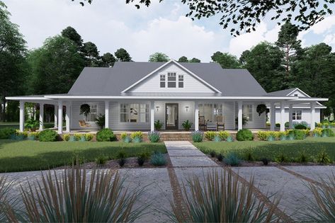 Plan #120-254 - Houseplans.com Barndo Exterior, Farmhouse Exteriors, Duplex Plans, Farmhouse Designs, Building A Porch, Three Bedroom House, Farmhouse Style House Plans, Roof Lines, French Architecture