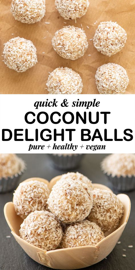 Beautiful vegan coconut balls that require minimum effort. Simple ingredients mixed together to create an easy and healthy plant-based dessertmade from natural ingredients. High in protein and healthy fats thanks to the whole almonds and coconut shreds, these energy balls make an excellent healthy snack. #plantbased #veganbreakfast #plantbasedrecipes #vegan #veganrecipes Coconut Snack Recipes, Protein Balls Coconut, Coconut Pulp Recipes, Shredded Coconut Recipes, Coconut Delight, Coconut Energy Balls, Health Bars, Pulp Recipe, Whole Foods Vegan