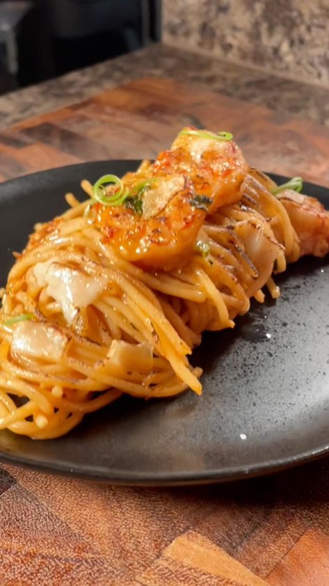 Garlic Noodles With Shrimp, Spaghetti Casseroles, Buttery Garlic Sauce, Garlic Knot, Noodles With Shrimp, Shaved Parmesan, Cooked Shrimp, Wheat Noodles, Pasta Water