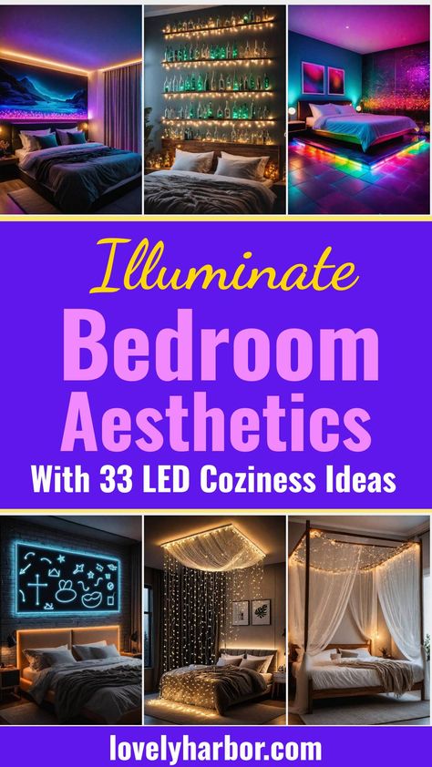 Transform your sleep space with these 33 chic and cozy LED aesthetic ideas for bedrooms. Discover lighting inspiration, minimalist designs, mood-boosting setups, and modern bedroom ideas that elevate nighttime vibes. Perfect for home decor enthusiasts seeking a stylish glow-up. #HomeDecor #BedroomIdeas #LEDLighting Teenage Boys Bedroom Led Lights, Bedroom Vibes Aesthetic Led, Diy Bedroom Lighting Ideas Ceilings, Led Cloud Lights Bedroom, Unique Bedroom Lighting Ideas, Black Light Bedroom Ideas, Floating Bedroom Ideas, Hanging Led Lights In Bedroom, Rainbow Inspired Bedroom