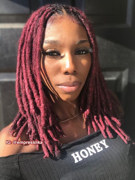 Red locs, black women with locs, burgundy locs, colorful locs, red wax on locs, pretty locs, dreads, red dreads, pretty black girls with locs Dark Red Dreadlocks, Burgundy Dreadlocks Black Women, Burgundy Dreads Black Women, Dark Purple Dreads, Burgundy Locs Black Women, Red Locs Black Women, Coloured Locs, Black Girls With Locs, Loc Crown