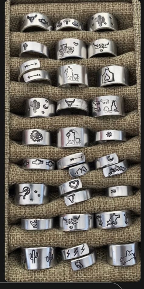 Diy Metal Stamped Rings, Metal Stamping Rings, Stamped Jewelry Ideas Western, Bazar Ideas, Stamp Jewelry, Hand Stamped Ring, Cowgirl Accessories, Clothing Wishlist, Metal Stamped Jewelry