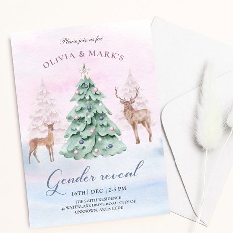 Christmas Tree Gender Reveal, Holiday Gender Reveal, Christmas Gender Reveal, Doe Deer, Gender Reveal Party Invitations, Watercolor Winter, Gender Reveal Decorations, Baby Gender Reveal Party, Deer Christmas