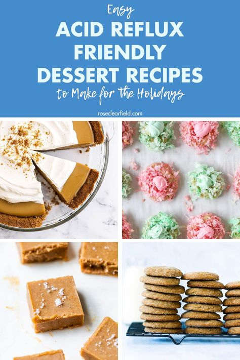 30 easy acid-reflux holiday dessert recipes! Cakes, cookies, pies, bread puddings, candies, and more that won't trigger GERD symptoms. Perfect for Christmas parties and family gatherings. #acidreflux #acidrefluxfriendly #holidaydesserts #easydessertideas Acid Reflux Snacks, Reflux Diet Recipes, Soft Gingersnap Cookies, Gerd Diet Recipes, Acid Reflux Friendly Recipes, Gerd Friendly Recipes, Acid Reflux Diet Meals, Gerd Friendly, Fall Lunch