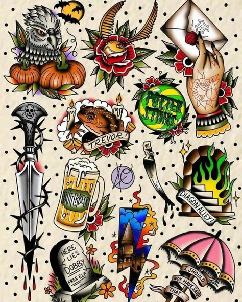 Leg Sleeve Tattoo Men Ideas American Traditional, Traditional Harry Potter Tattoo Sleeve, Harry Potter Tattoos Flash, Old School Colored Tattoo, New School Color Tattoo, Colour Sleeve Tattoo Men, Traditional Colored Tattoos, Colourful Tattoo Ideas For Men, Nerdy American Traditional Tattoo