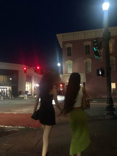 Back dress, green skirt, best friends, city, Charleston, Downtown, Aesthetic , Street lights, old buildings Black And White Friendship, Downtown Friends Aesthetic, Friends Downtown, La Girl Aesthetic, New York Aesthetic Friends Night, Nyc Black It Girl Aesthetic, Nyc Friend Group Aesthetic, City Life Aesthetic, Black And White People