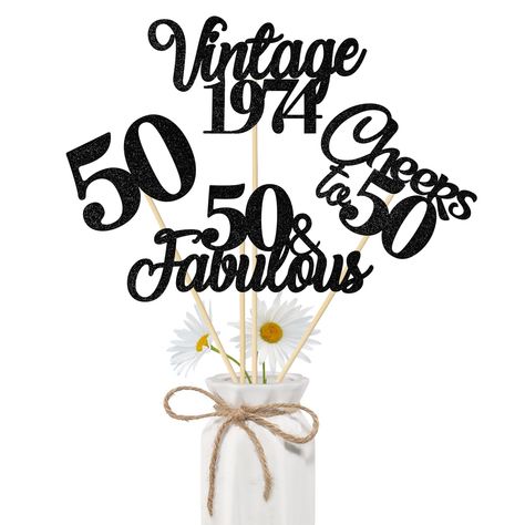 PRICES MAY VARY. 【Package】This 50th birthday party centerpiece stick letter set contains 4 pieces of the number 50, 4 pieces of "50&Fabulous", 4 pieces of "Cheers to 50", 4 pieces of "Vintage 1974", 16 bamboo sticks and 32 glue dots. Note: Package does not include the vase in the picture. 【Reliable Material】The 50th birthday centerpieces for tables are made of high quality glitter card stock and bamboo stick, which are non-toxic, sturdy and not easily damaged. The cheers to 50 anniversary center 50th Birthday Party Table Decor, 50th Birthday Party Centerpieces For Men, 50th Birthday Party Ideas For Men Theme Decoration, 50th Birthday Party Centerpieces, Party Decorations Black, 50th Birthday Party Ideas For Men, 50th Birthday Centerpieces, 1974 Birthday, Cheers To 50 Years