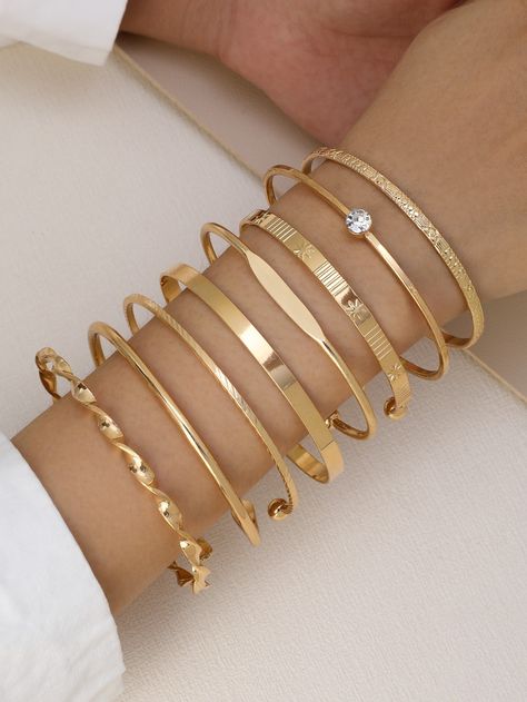 8pcs Simple & Vintage & Fashionable Rhinestone Inlaid Open Cuff Bracelet Set For Women's Daily WearI discovered amazing products on SHEIN.com, come check them out! Simple Gold Bangle, Jewel Design, Gold Bracelet Simple, Gold Bangles For Women, Gold Bangle Set, Open Cuff Bracelet, Bangle Bracelet Set, The Bangles, Gold Bracelet For Women