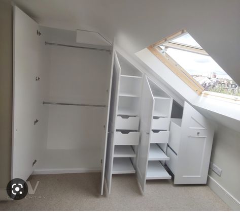 Wardrobe Interior Layout, Loft Conversion Wardrobes, Loft Room Ideas, Wardrobes Ideas, Loft Conversion Bedroom, Attic Bedroom Storage, Attic Wardrobe, Roof Storage, Bedroom Built In Wardrobe