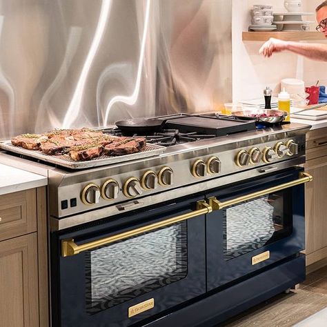 Influencer Kitchen, Luxury Stoves, Concrete Painted Floors Outdoor, Blue Star Range, Organize A Kitchen, Commercial Kitchen Appliances, Farmhouse Reno, Chef Inspired Kitchen, Blue Ovens