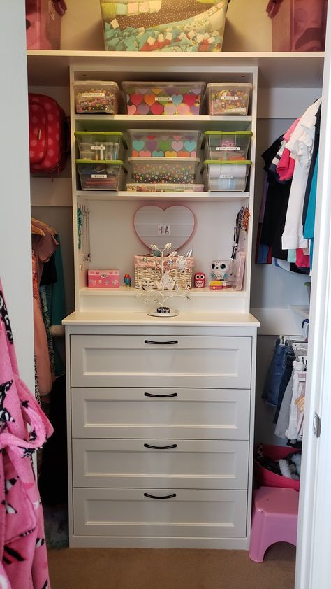 Wardrobe And Bookshelf Design, Billy Bookcase With Drawers, Closet Bookcase Ideas, Billy Bookcase Drawers, Chest Of Drawers In Closet, Closet Chest Of Drawers, Shallow Closet, Bookcase Closet, Kids Closets